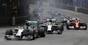 Mercedes Formula One driver Rosberg of Germany leads at the first curve during the Monaco F1 Grand Prix