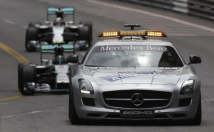 Mercedes Formula One driver Rosberg of Germany and teammate Hamilton of Britain follow a safety car during Monaco F1 Grand Prix